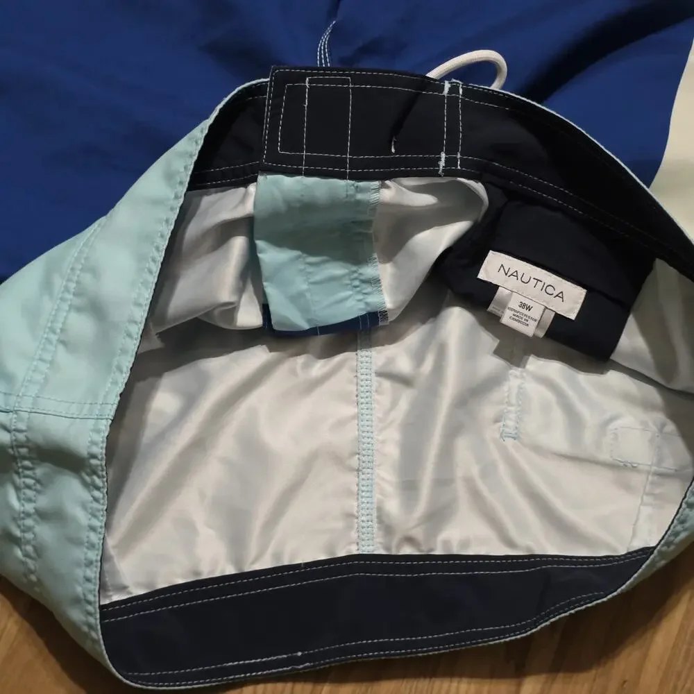 Nautica Men’s Board Shorts 38W Blue Colorblock Swim Trunks 100% Polyester
